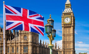 British flag, Big Ben, Houses of Parliament and British flag composition